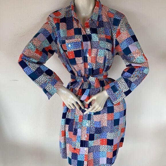 Land’s End Plus Size Dress patchwork long sleeve button down belted pockets LP - Picture 3 of 14